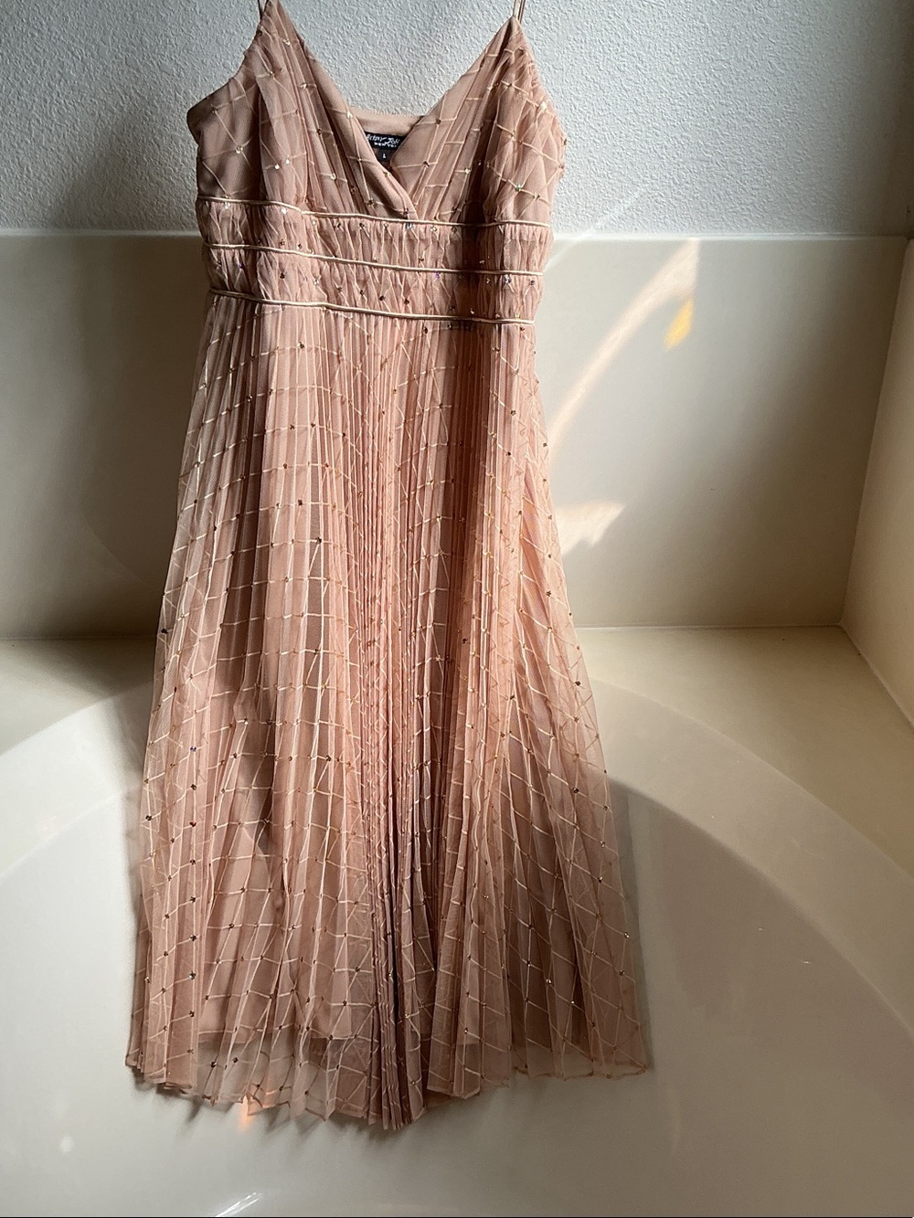 UPDATED - Betsey Johnson Blush Pink Pleated Midi Dress with Metallic Grid